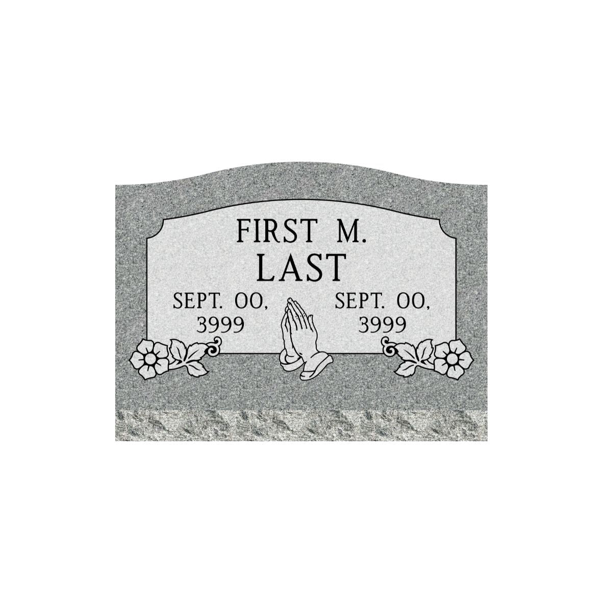 Emerson Monument Company Gray Granite Slant Style Cemetery Memorial With Praying Hands and Flowers