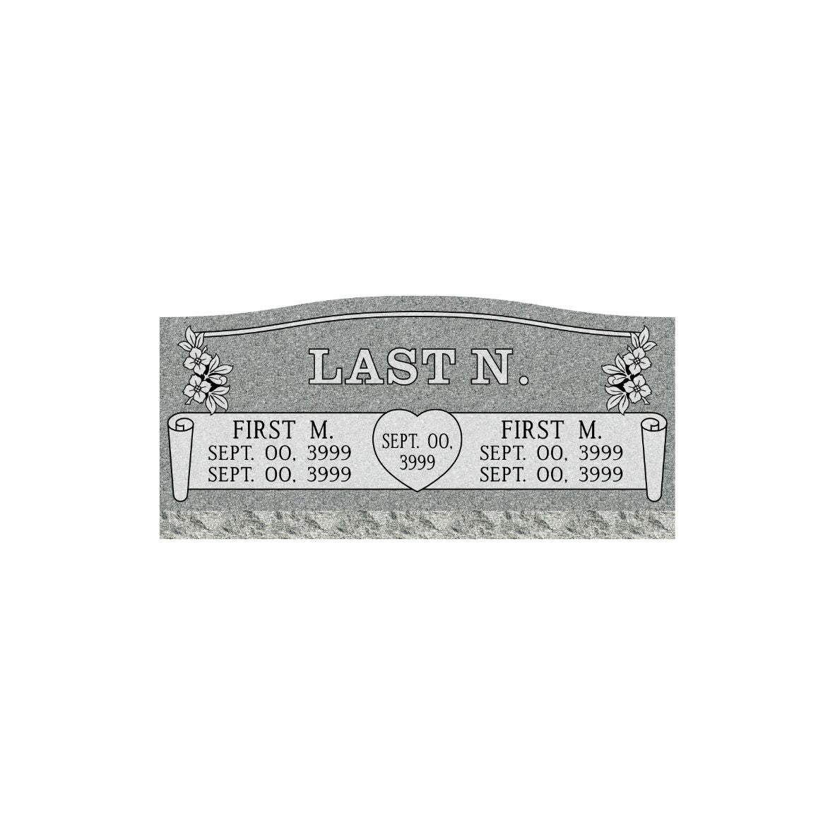 Emerson Monument Company Gray Granite Slant Style Cemetery Memorial With flowers name scrolls and wedding heart