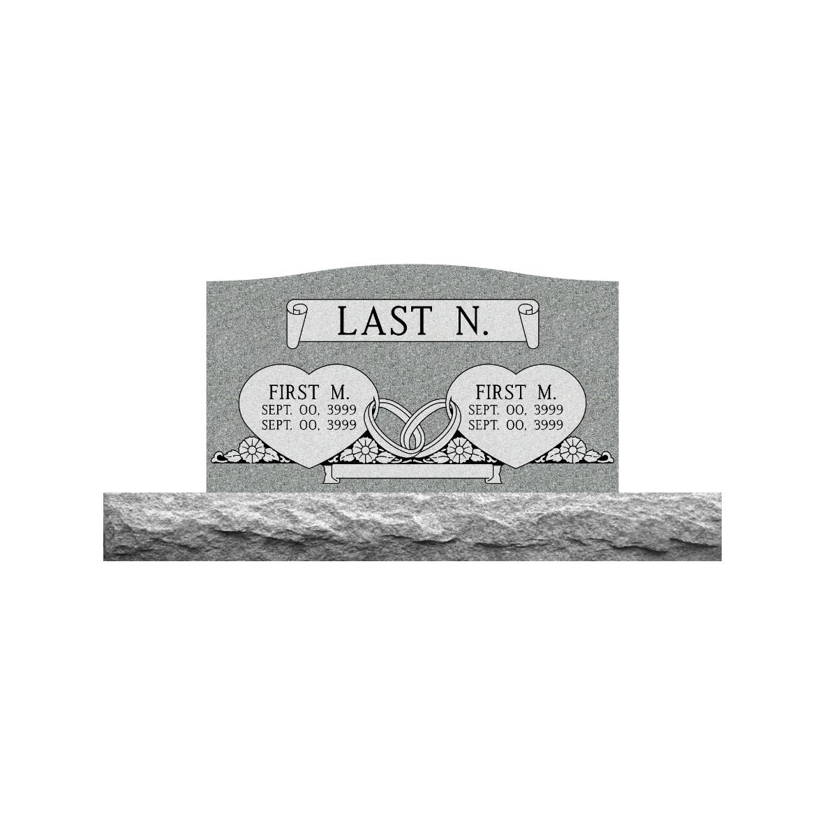 Emerson Monument Company Gray Granite Upright Cemetery Memorial With Hearts and Rings