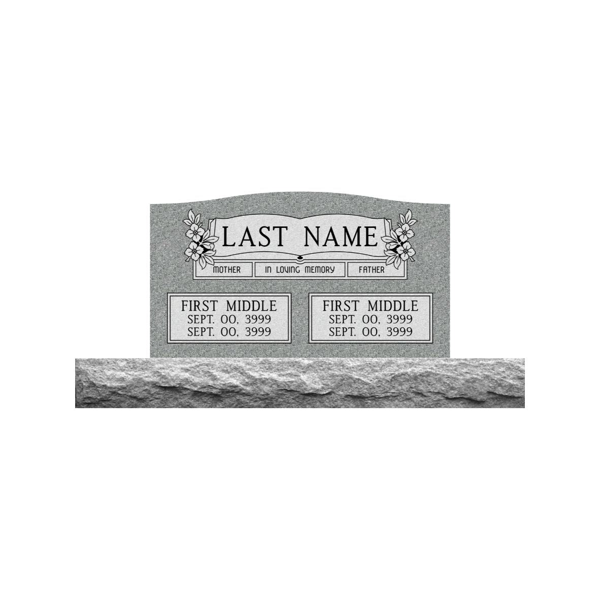 Emerson Monument Company Gray Granite Upright Cemetery Headstone 
Memorial With Open Book Flowers In Loving Memory of Mother and Father