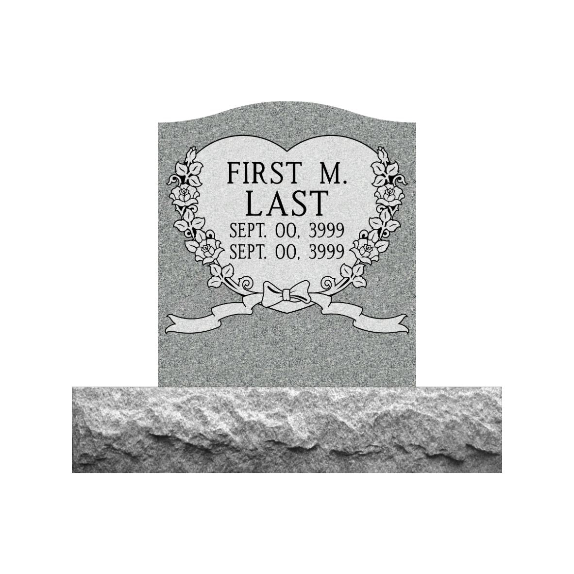 Emerson Monument Company Gray Granite Upright Cemetery Memorial with Heart and Roses and Bow