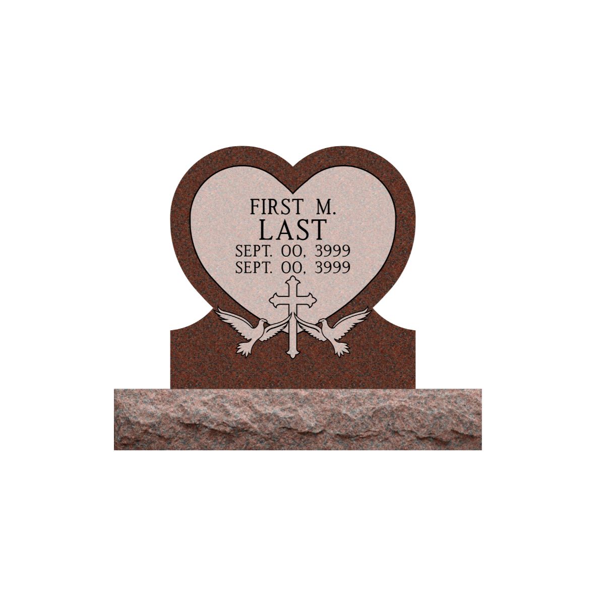 Emerson Monument Company India Red Granite Heart Shaped Cemetery Memorial with Cross and doves