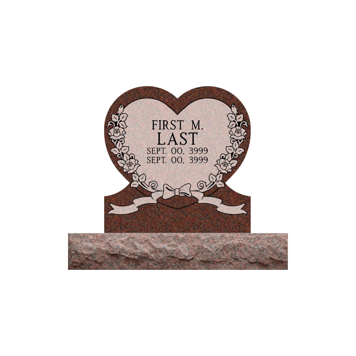 Emerson Monument Company India Red Granite Heart Shaped Cemetery Memorial with Roses and Bow