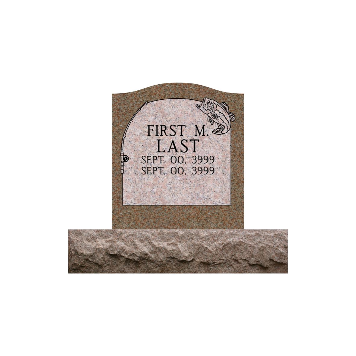 Emerson Monument Company Morning Rose Granite Single Upright Cemetery Memorial Headstone With Bass Fish and Fishing Pole