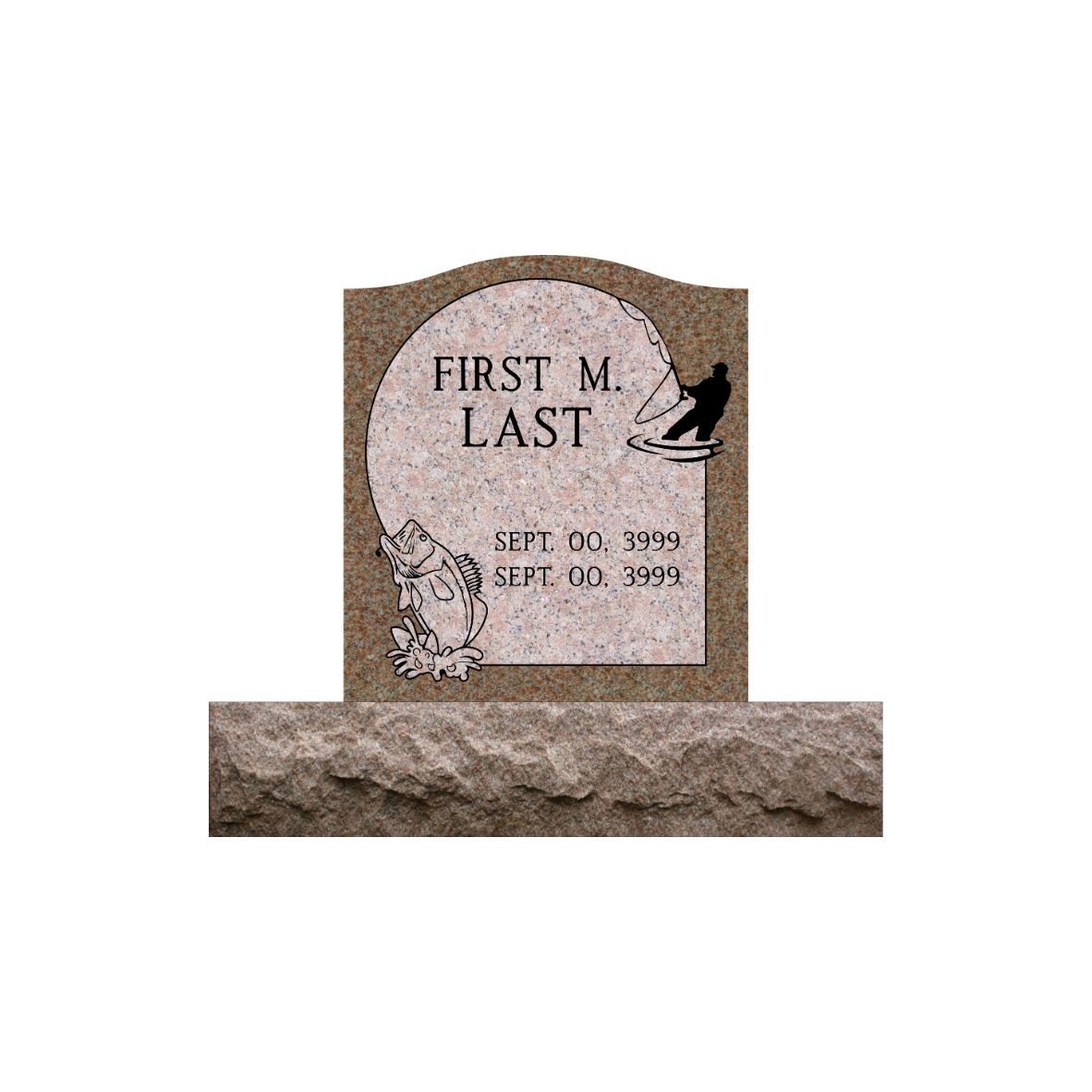 Emerson Monument Company Morning Rose Granite Single Upright Cemetery Memorial Headstone with Fishing Person and Bass Fish
