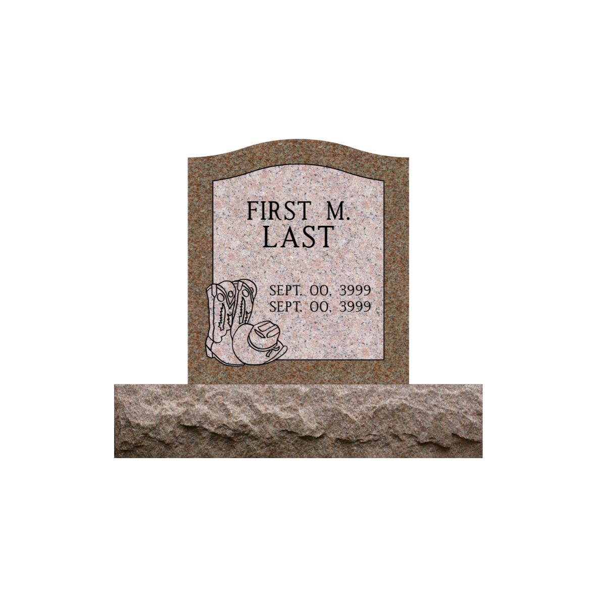 Emerson Monument Company Morning Rose Single Upright Cemetery Headstone Memorial with Cowboy Hat and Cowboy Boots