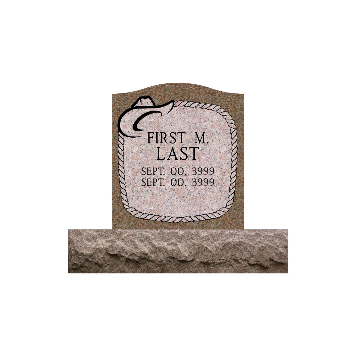 Emerson Monument Company Morning Rose Single Upright Cemetery Memorial Headstone with Cowboy Hat and Rope