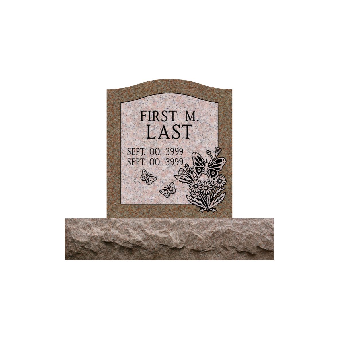 Emerson Monument Company Morning Rose Single Upright Cemetery Memorial Headstone with Daisy Flowers and Butterflies