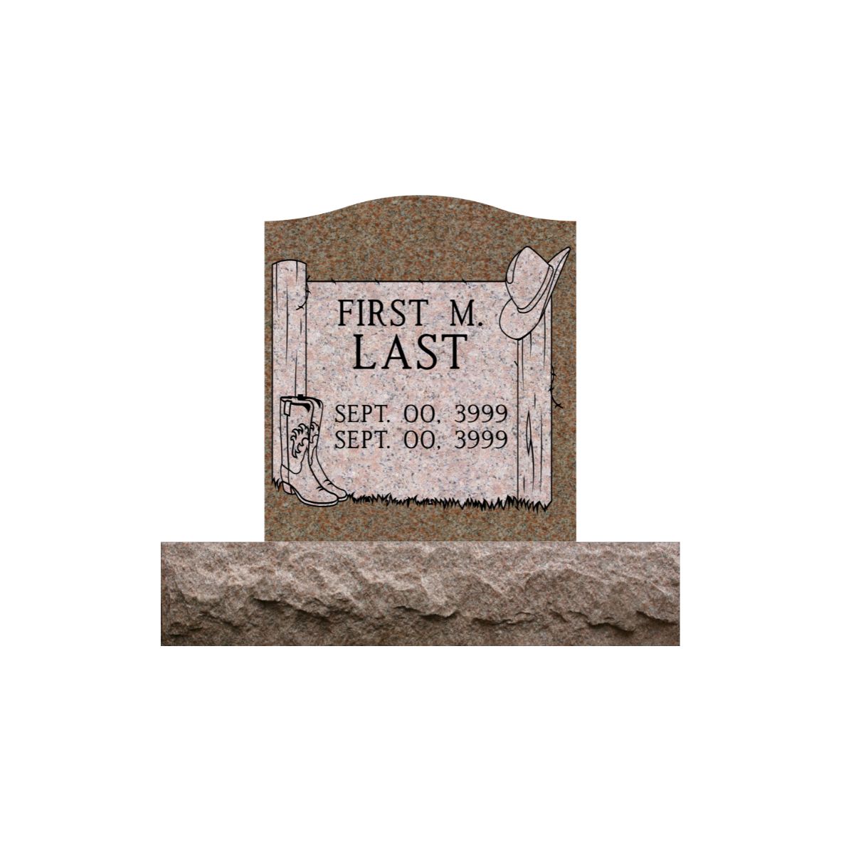 Emerson Monument Company Morning Rose Single Upright Cemetery Memorial  Headstone with Fence Post Cowboy Hat and Cowboy Boots