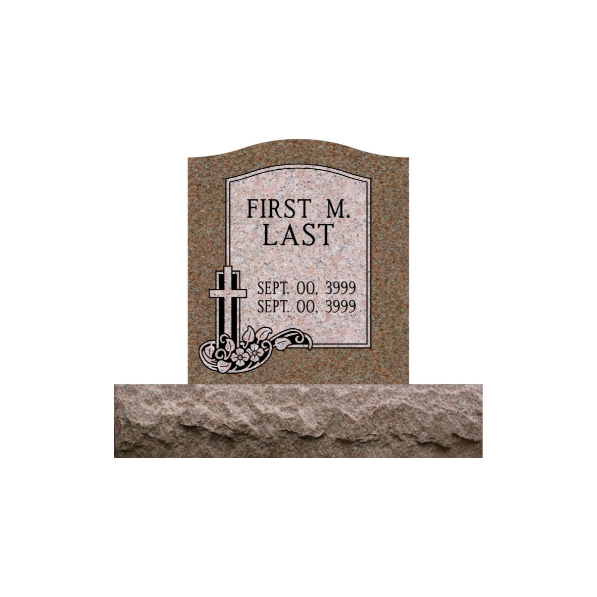 Emerson Monument Company Morning Rose Single Upright Cemetery Memorial Headstone with Flowers and a Cross