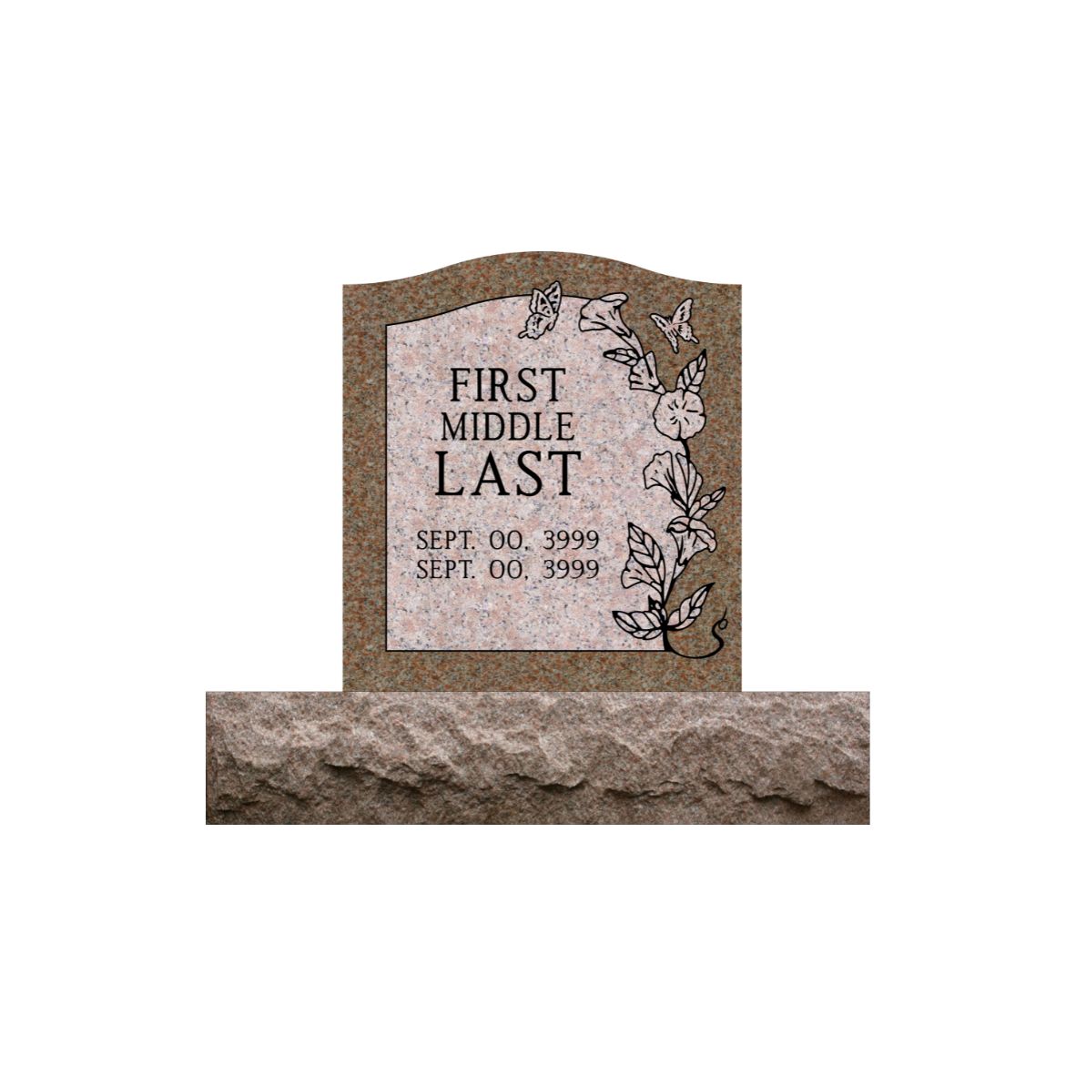 Emerson Monument Company Morning Rose Single Upright Cemetery Memorial Headstone with Honey Suckle Flowers and Hummingbirds