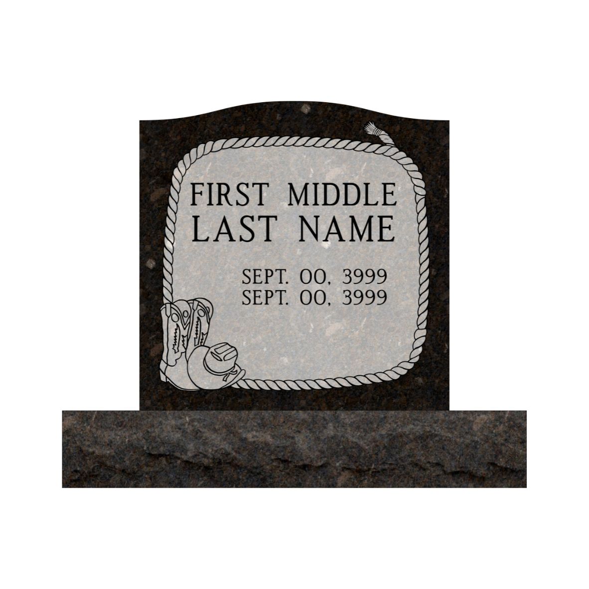 Emerson Monument Company Onyx Storm Granite Upright Cemetery Memorial with Cowboy Boots Cowboy Hat and Rope