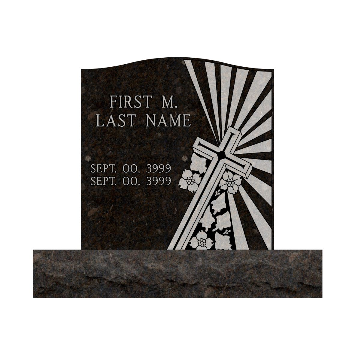Emerson Monument Company Onyx Storm Granite Upright Cemetery Memorial with Cross Sun Rays and Flowers