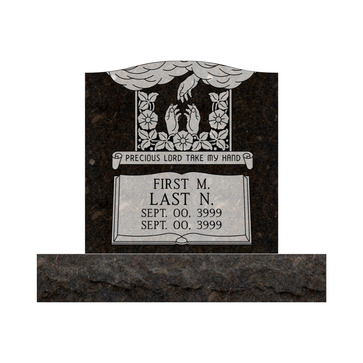 Emerson Monument Company Onyx Storm Granite Upright Cemetery Memorial with Heaven Hands from Heaven and Book Precious Lord Take my Hand