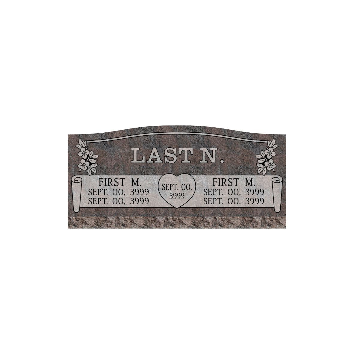 Emerson Monument Company Paradisio Granite Slant Style Cemetery Memorial With flowers name scrolls and wedding heart