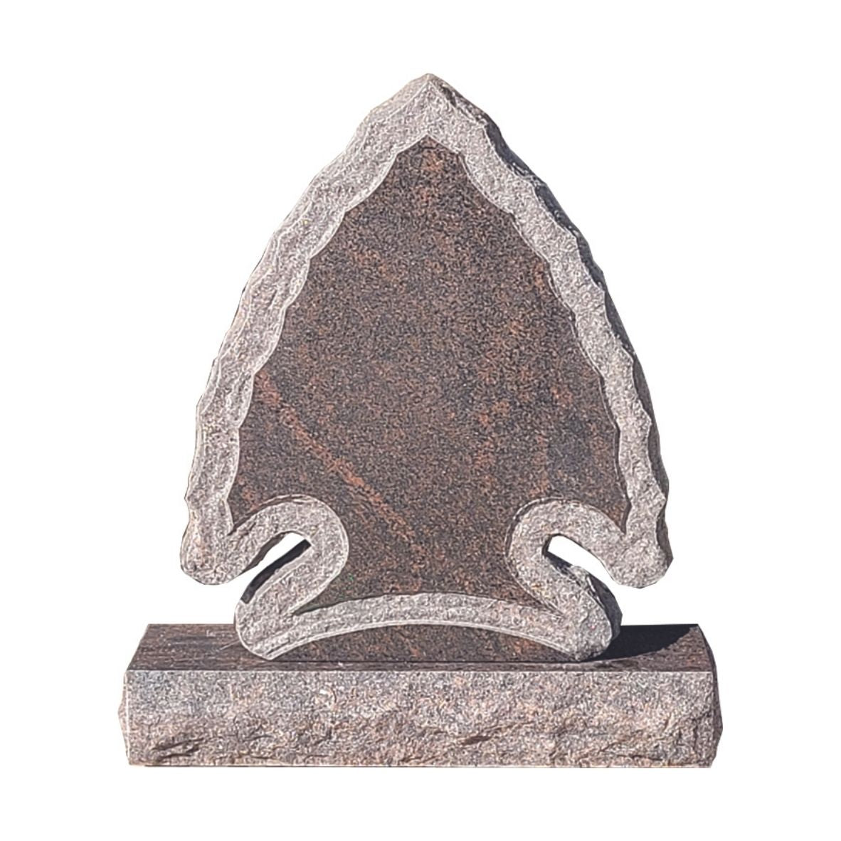 Emerson Monument Company Rustic Brown Granite Arrowhead Cemetery Memorial with a Shell Rock Border on the Front of the monument