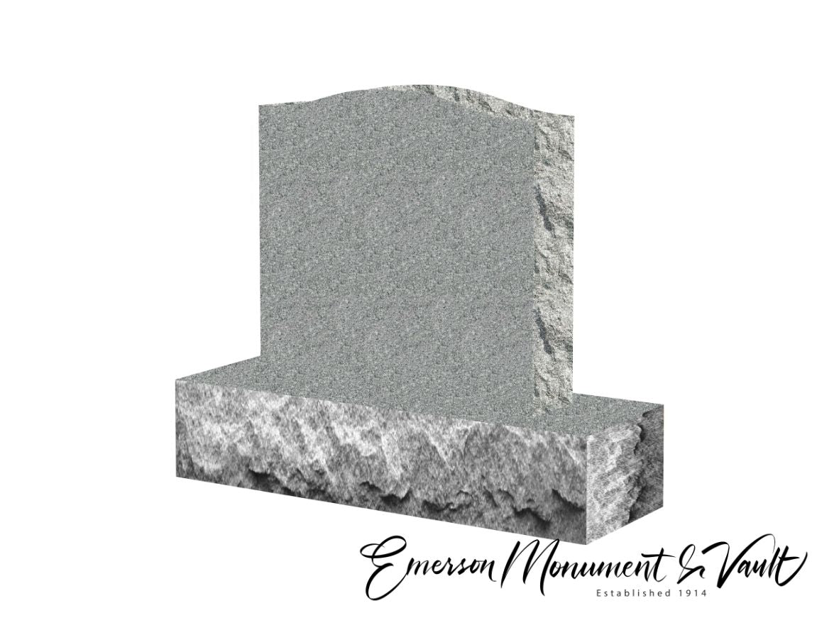 Emerson Monument Company Side View of a Gray Granite Upright Monument With Polished Front and Back and Rocky Top and Sides