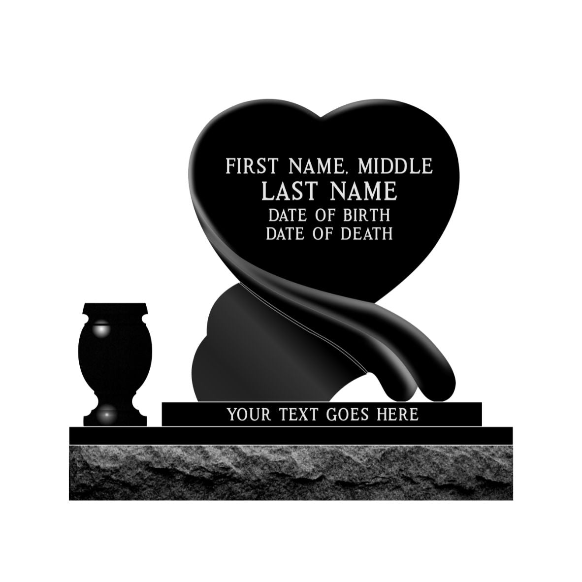 Emerson Monument Company The Ribbon Heart Memorial With Text in Black Granite for the cemetery
