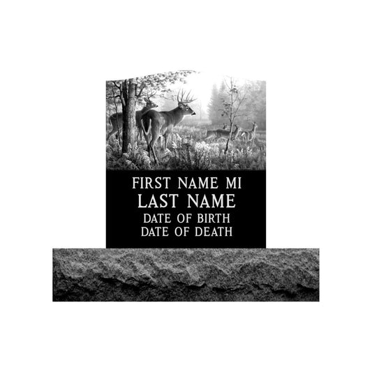 Emerson Monument Company Upright Black Granite Cemetery Headstone Memorial Farm Scene with Bucks Standing and Does Running