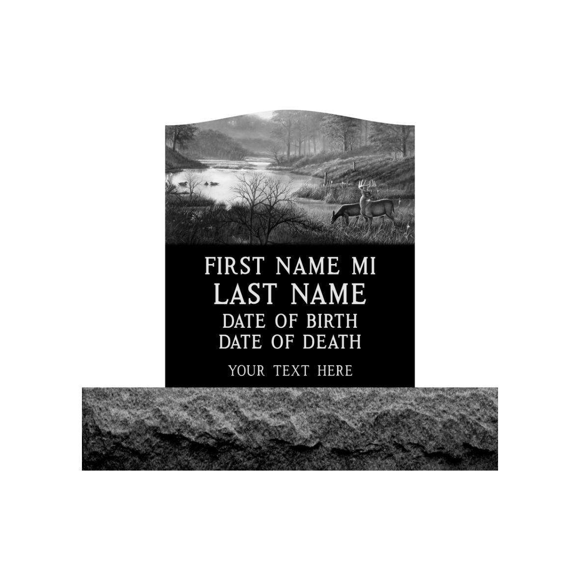 Emerson Monument Company Upright Black Granite Cemetery Headstone Memorial Farm Scene with Deer and River