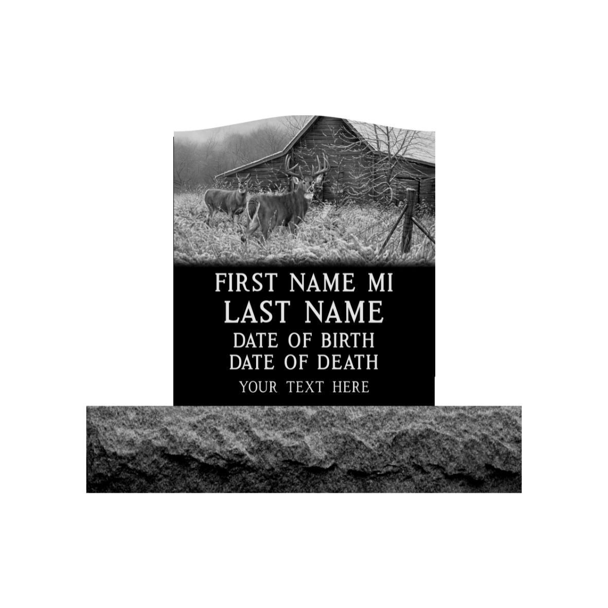 Emerson Monument Company Upright Black Granite Cemetery Headstone Memorial Farm Scene with Deer and barn 