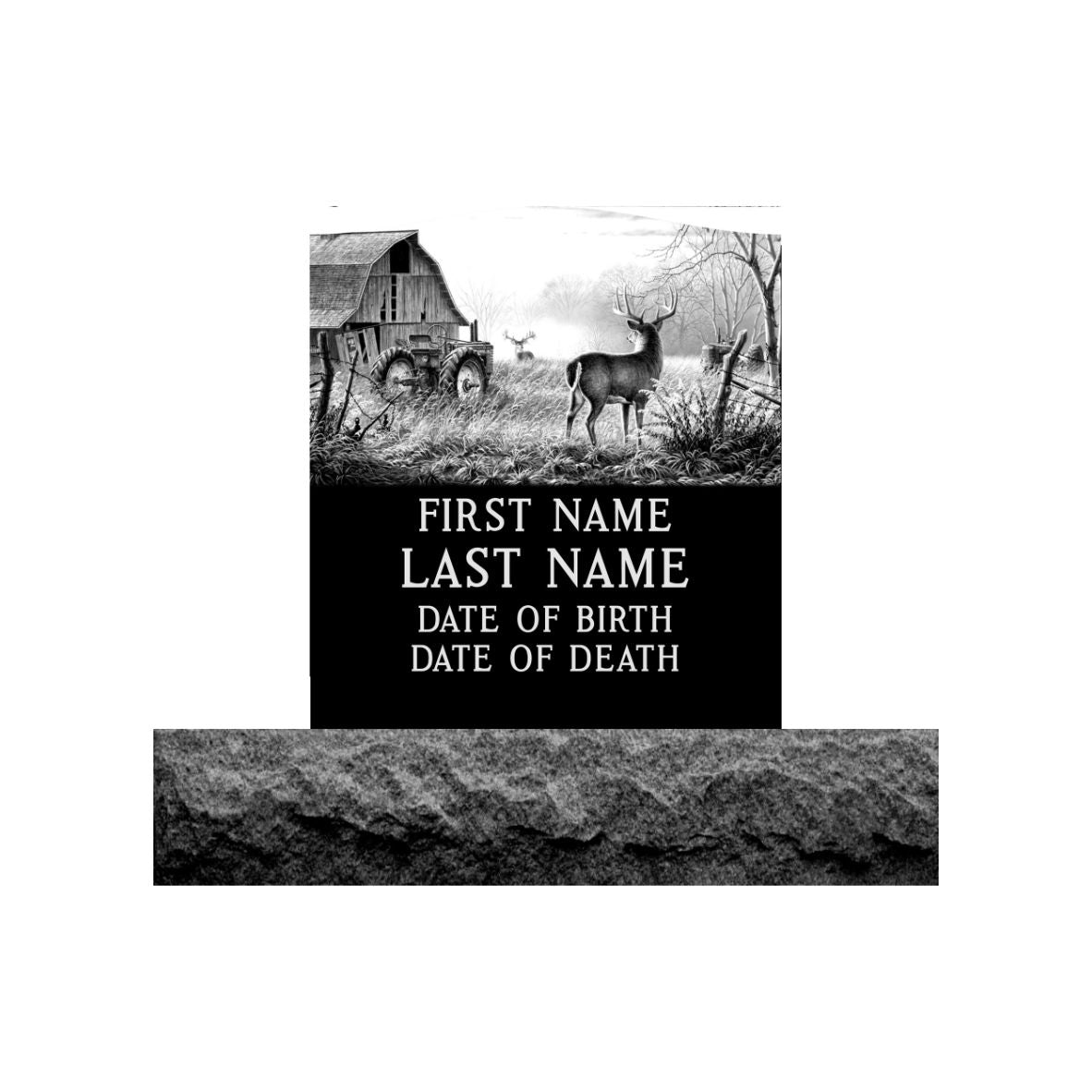 Emerson Monument Company Upright Black Granite Cemetery Headstone Memorial Farm Scene with Deer  looking at each other near barn and tractor