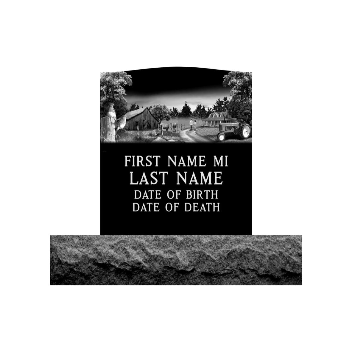 Emerson Monument Company Upright Black Granite Cemetery Headstone Memorial Farm Scene with House, Barn and Tractor