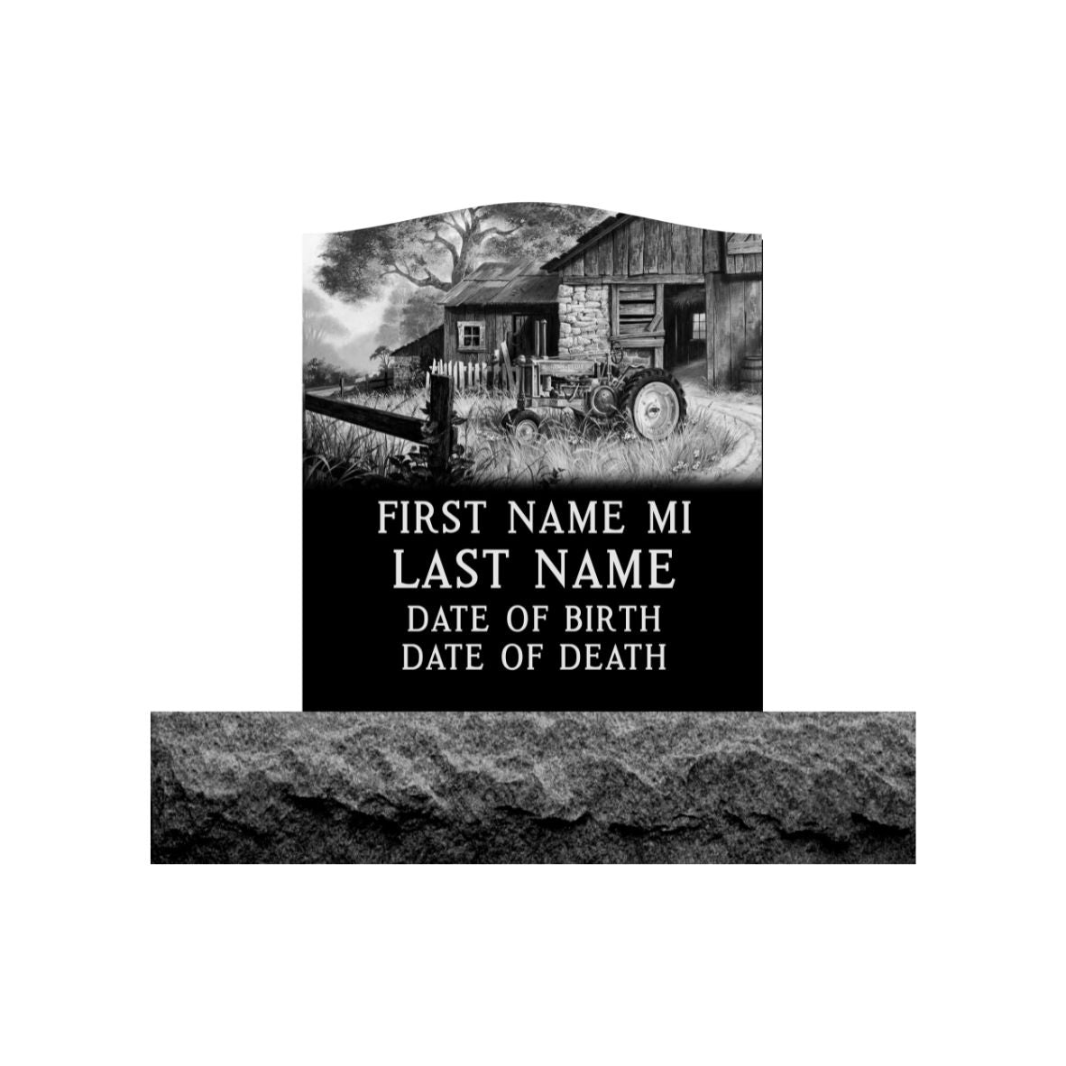 Emerson Monument Company Upright Black Granite Cemetery Headstone Memorial Farm Scene with Rock Barn and Tractor