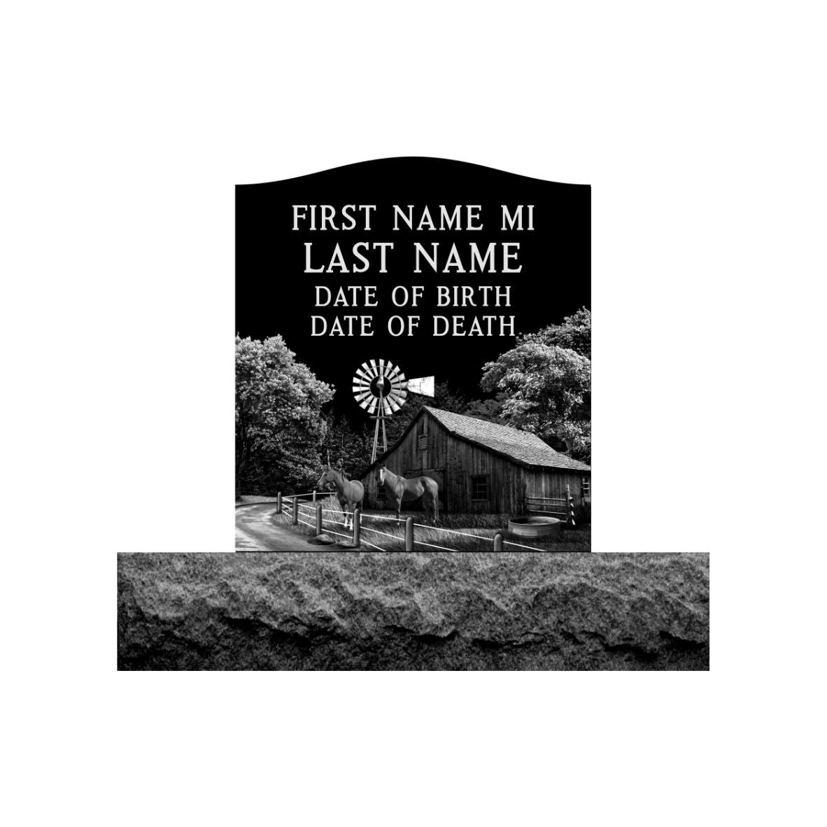 Emerson Monument Company Upright Black Granite Cemetery Headstone Memorial with Barn and Horses