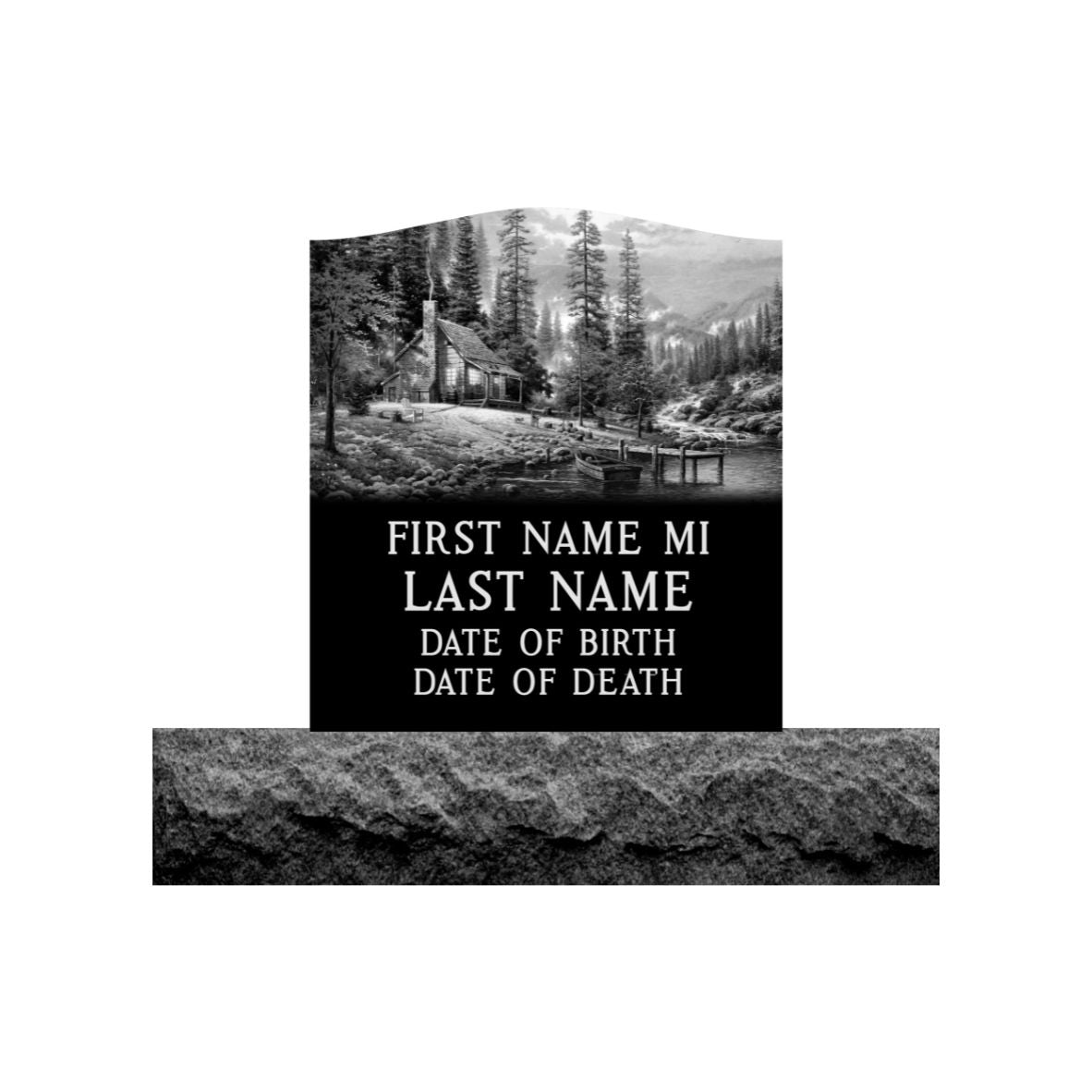 Emerson Monument Company Upright Black Granite Cemetery Headstone Memorial with Etched Cabin In the Mountains on the Lake D78