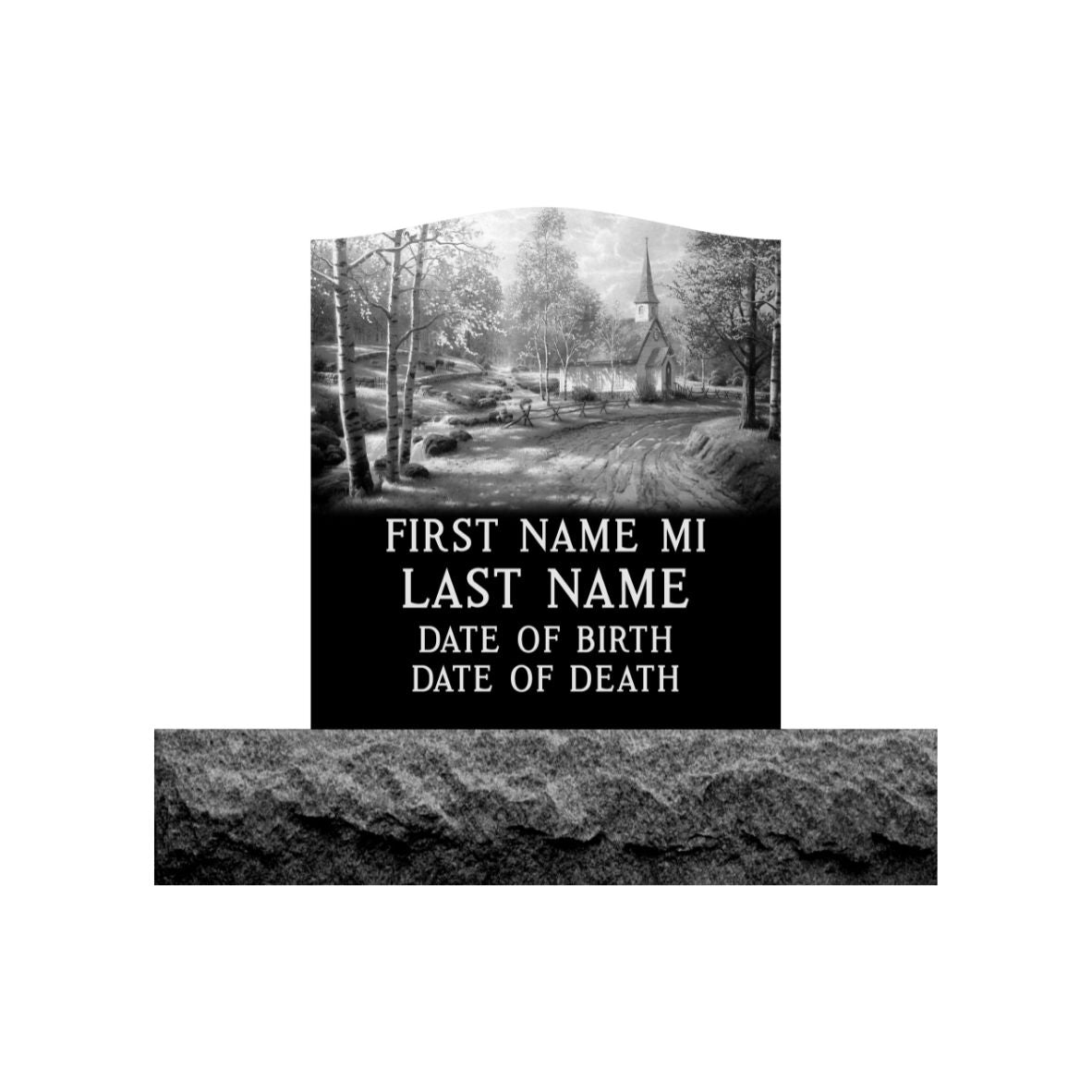 Emerson Monument Company Upright Black Granite Cemetery Headstone Memorial with Etched Country Church R4
