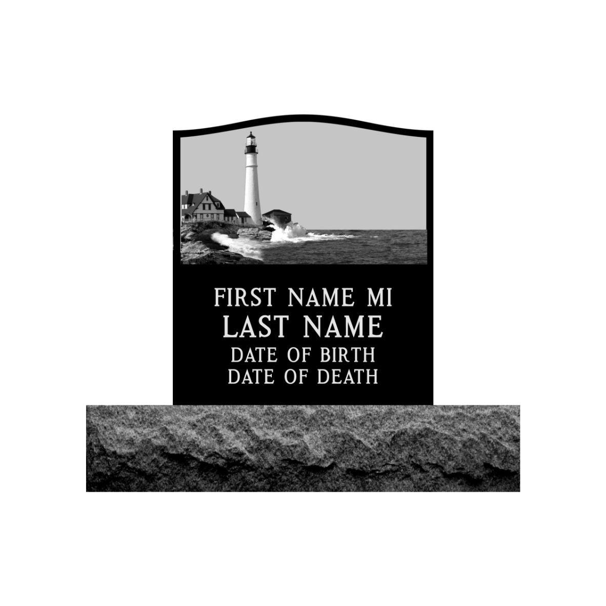 Emerson Monument Company Upright Black Granite Cemetery Headstone Memorial with Etched Lighthouse and Ocean B14