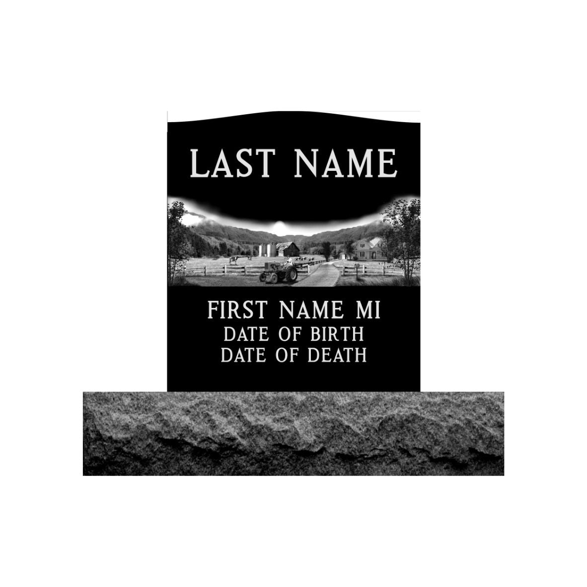 Emerson Monument Company Upright Black Granite Cemetery Headstone Memorial with Farm Scene