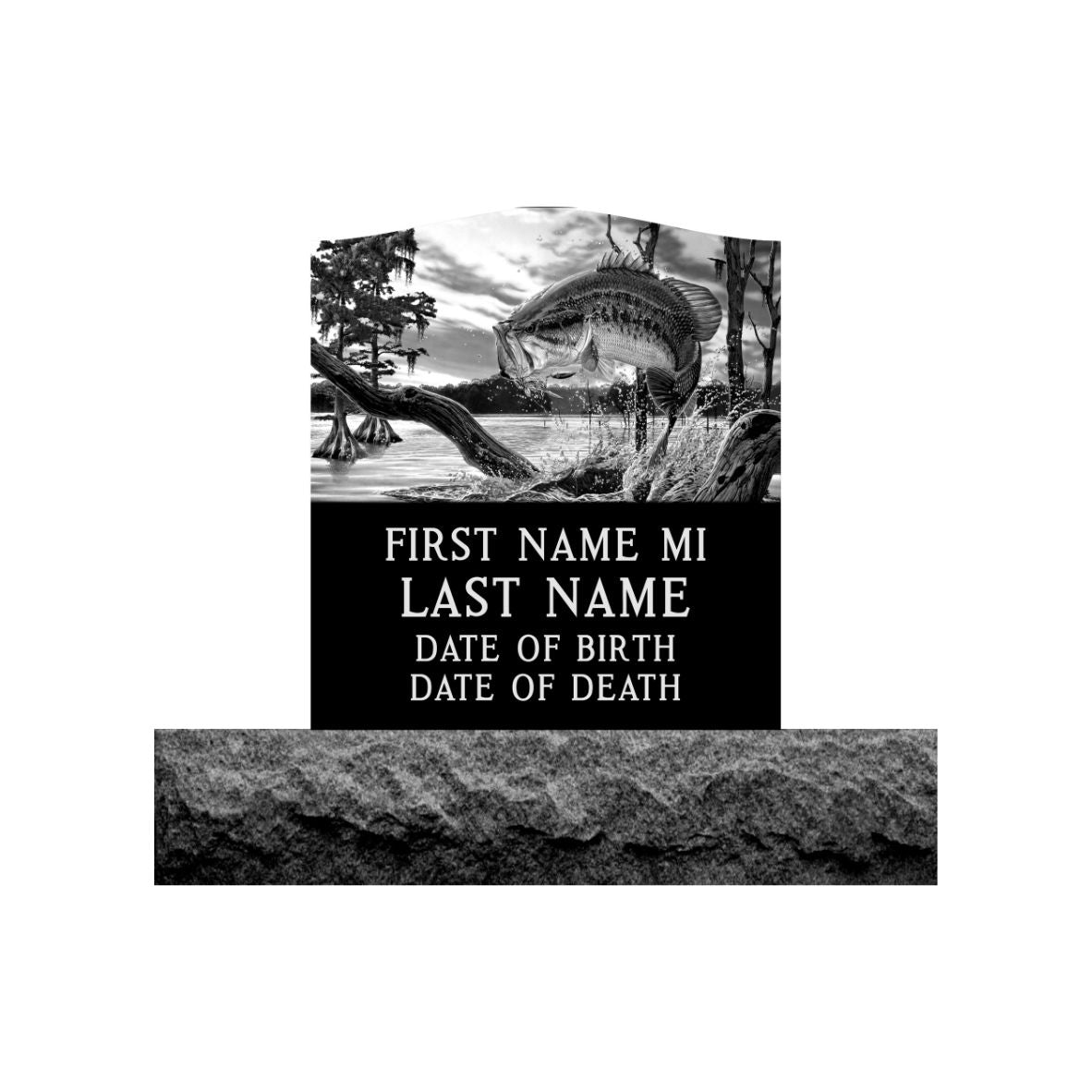 Emerson Monument Company Upright Black Granite Cemetery Headstone Memorial with Fish Jumping from Water