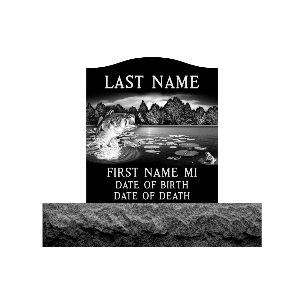 Emerson Monument Company Upright Black Granite Cemetery Headstone Memorial with Fish Jumping from Water with Dragonfly and frog