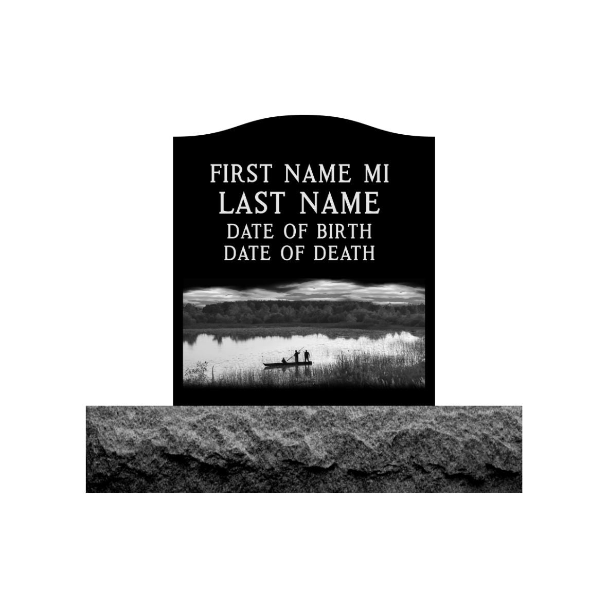 Emerson Monument Company Upright Black Granite Cemetery Headstone Memorial with Fisher People and lake