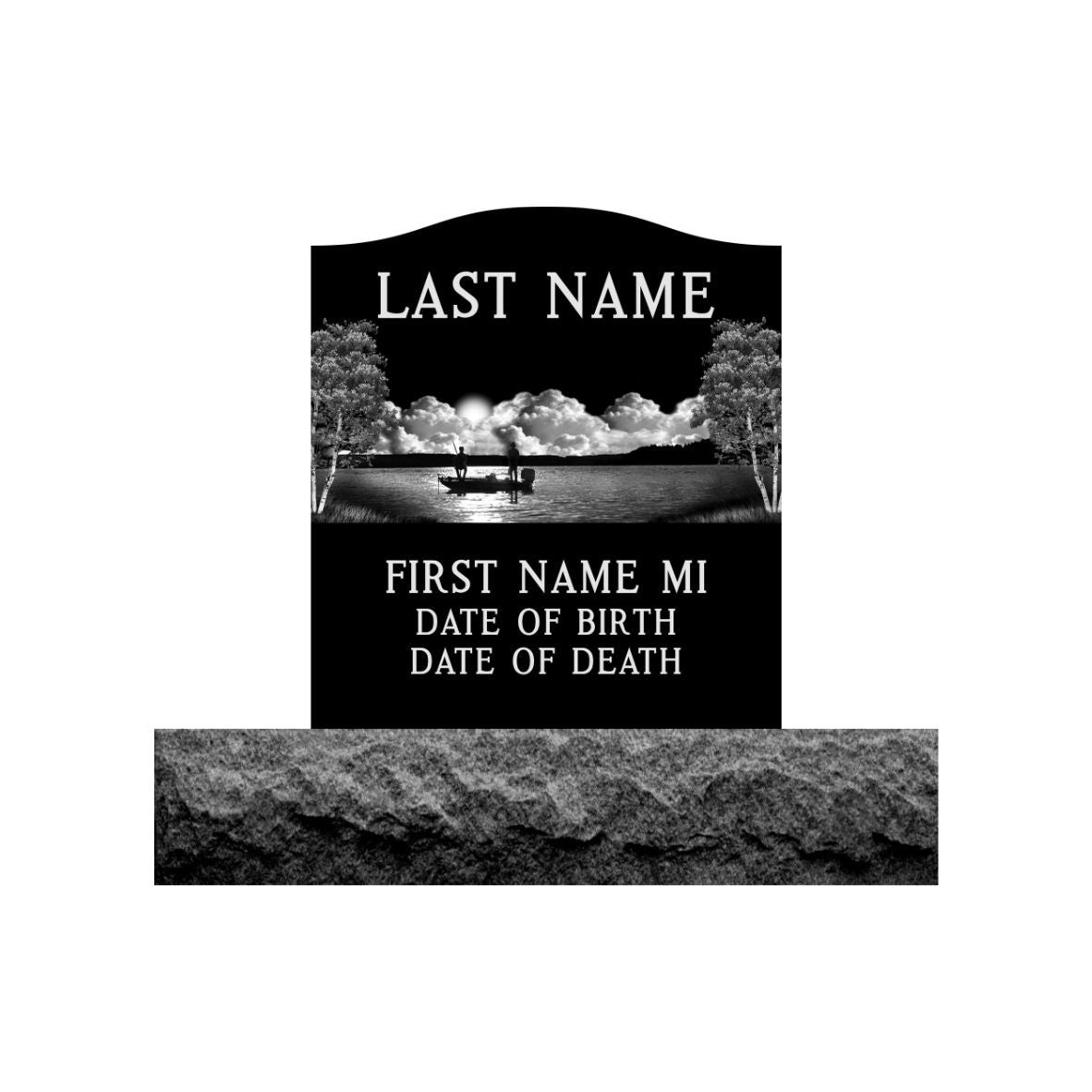 Emerson Monument Company Upright Black Granite Cemetery Headstone Memorial with Fishing Scene 